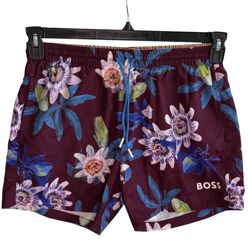 Hugo Boss Piranha Swim Shorts Dark Purple Floral Tropical Print Men's Small NEW